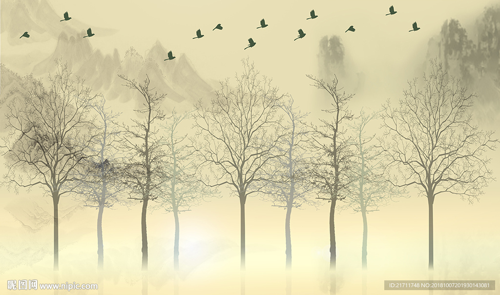 简约树林小鸟山水电视背景墙