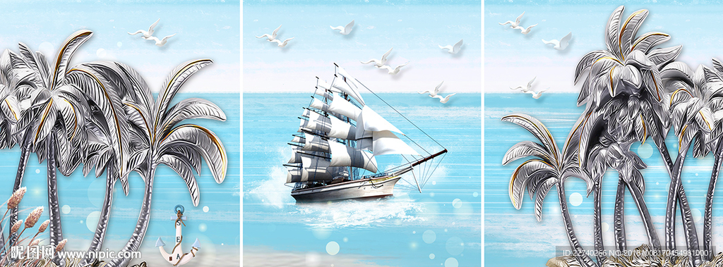 浮雕椰树一帆风顺三联装饰画