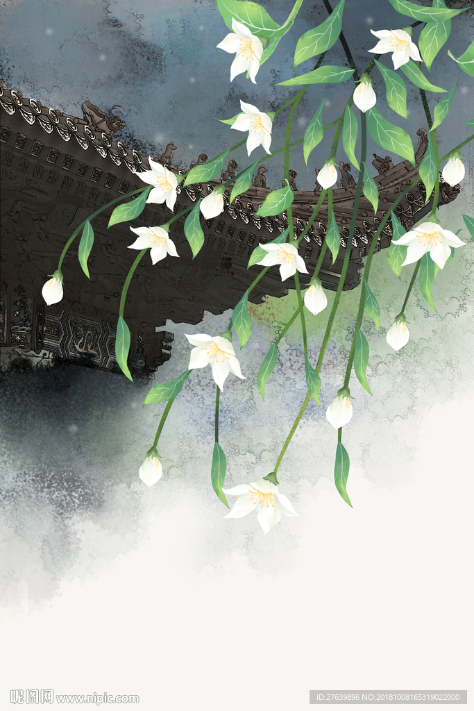 新中式民俗插画手绘花卉