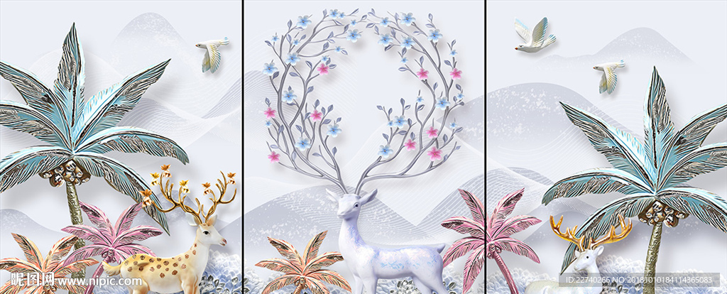 浮雕椰树麋鹿发财鹿无框画三联画