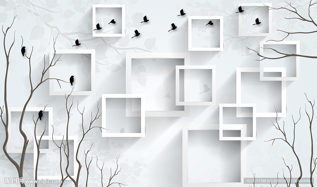 简约树林框框小鸟电视背景墙