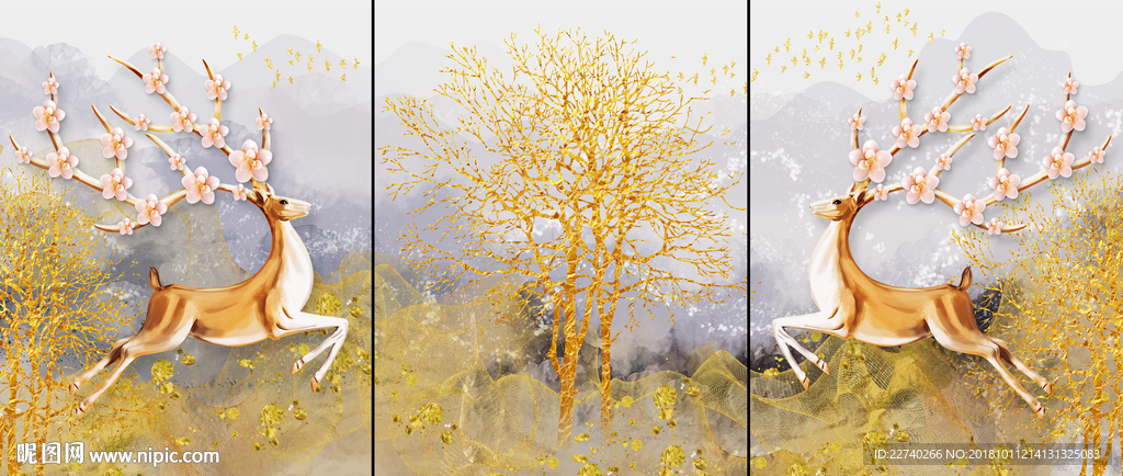 浮雕麋鹿森林发财鹿三联画装饰画