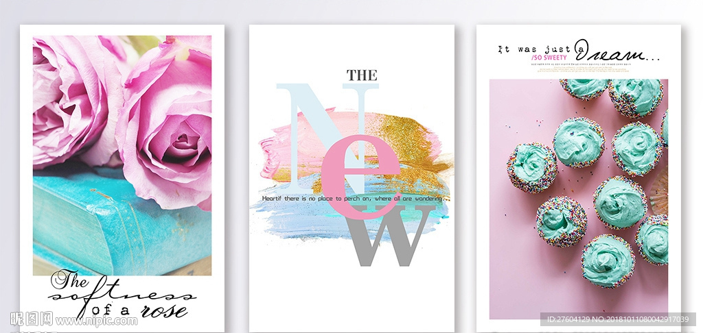 粉色系花卉美食三联装饰画