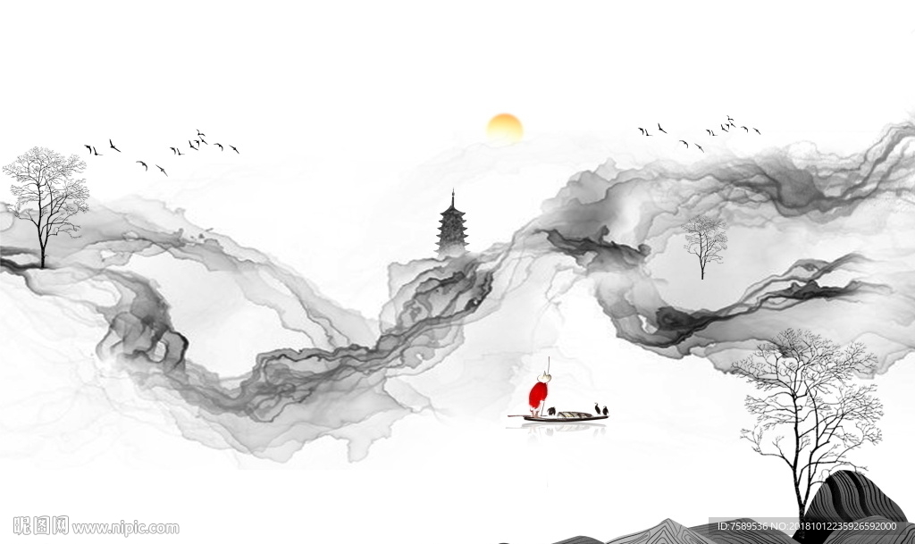 江南禅意水墨山水画