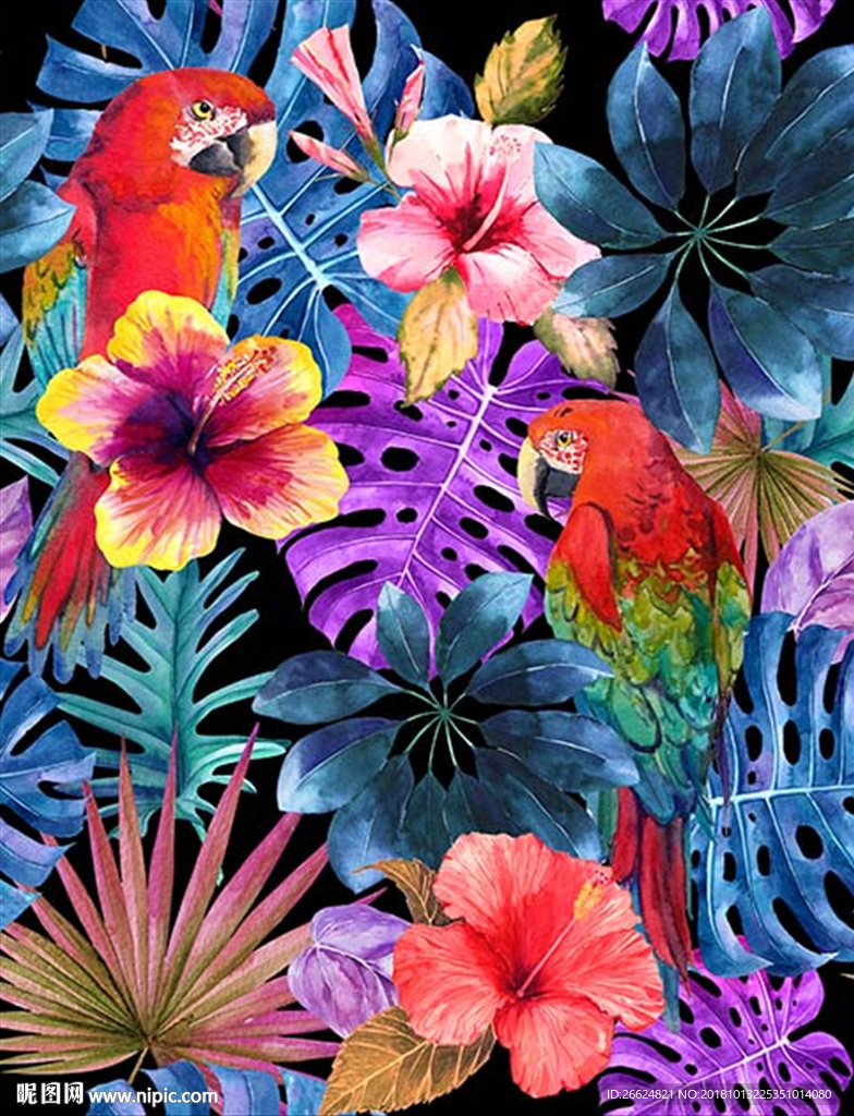 手绘热带植物花鸟图案素材