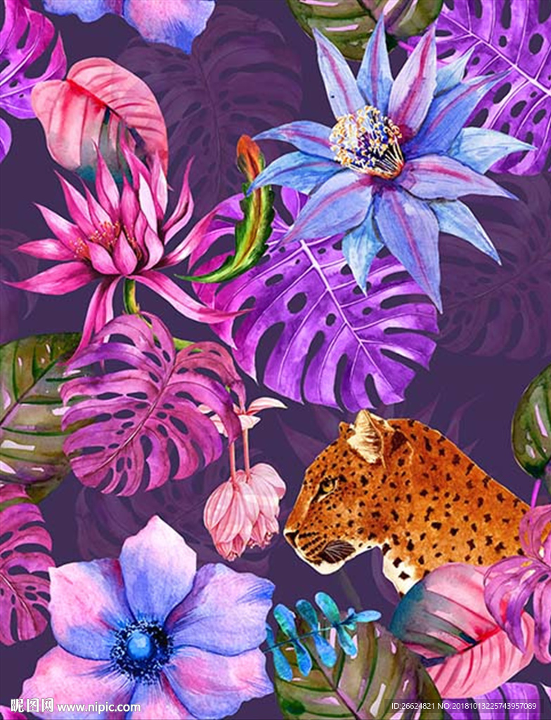 水彩水绘热带风情动物野豹素材