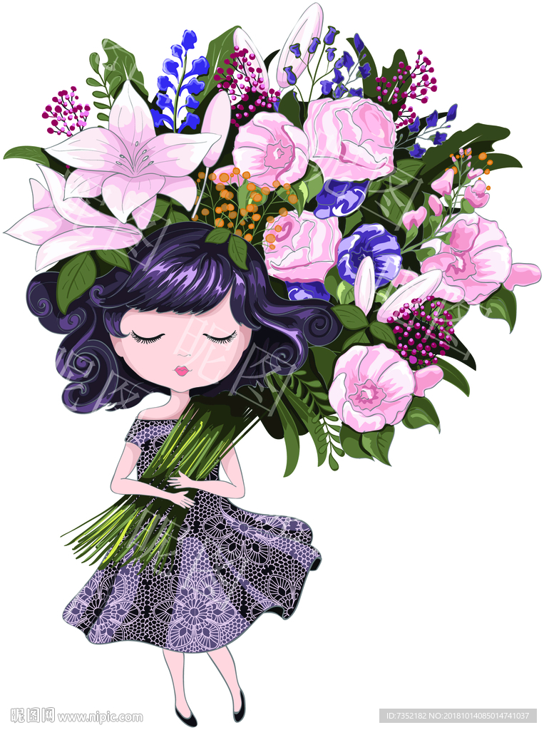 手绘 时尚女孩 花朵 卡通