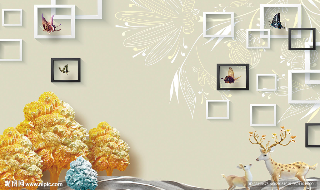 3D立体浮雕梅花鹿森林背景墙