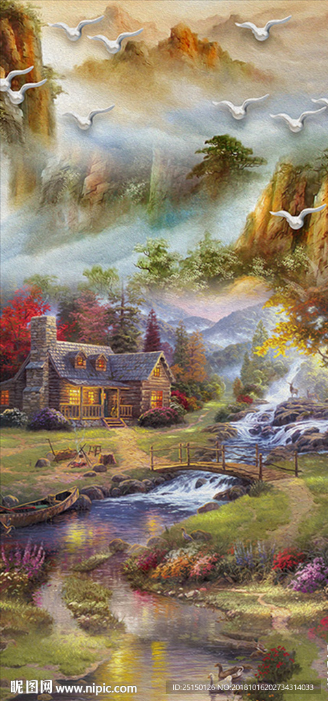 山水画飞鸟小桥流水装饰画