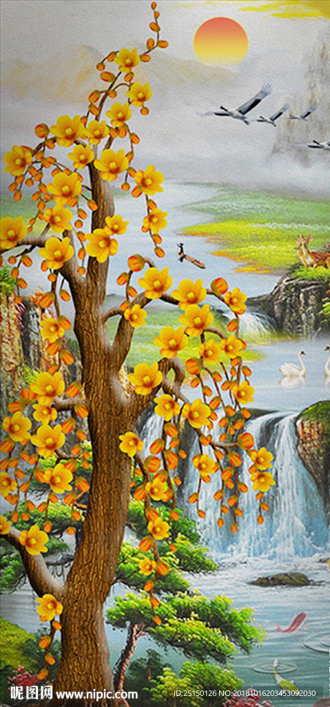 中式流水生财山水发财树装饰画