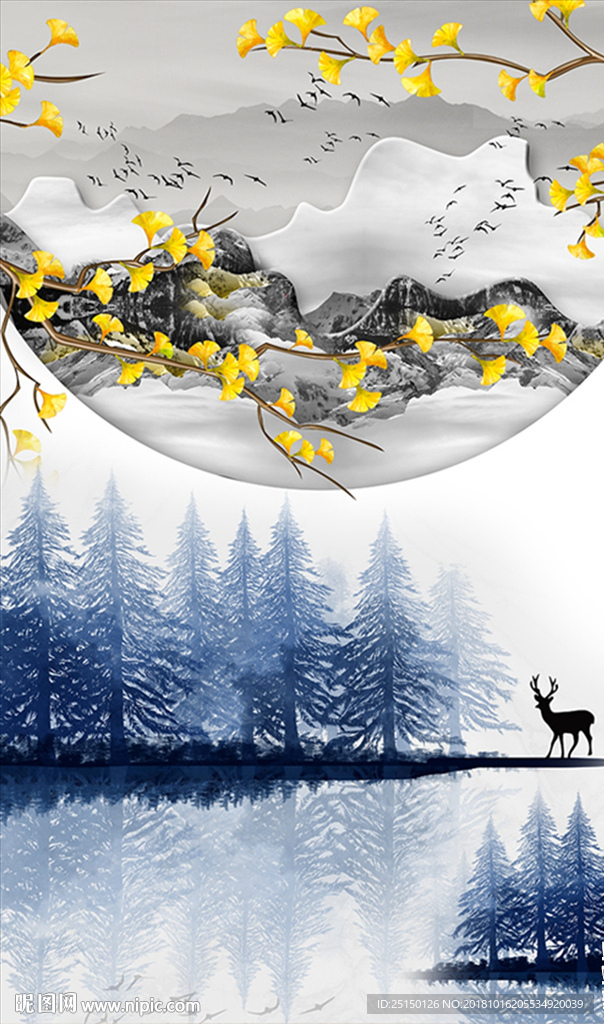 小鹿丛林花卉装饰画