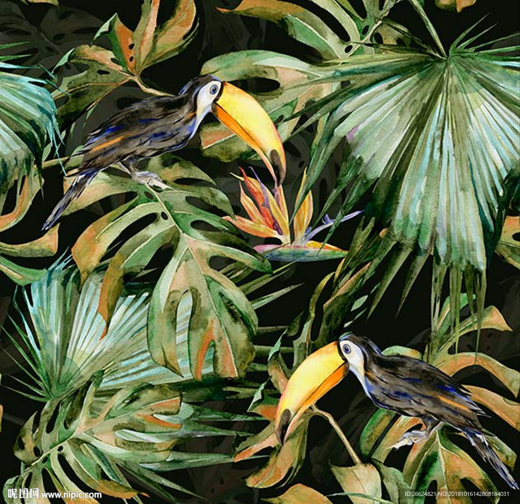 手绘服装图案热带植物大嘴鸟素材