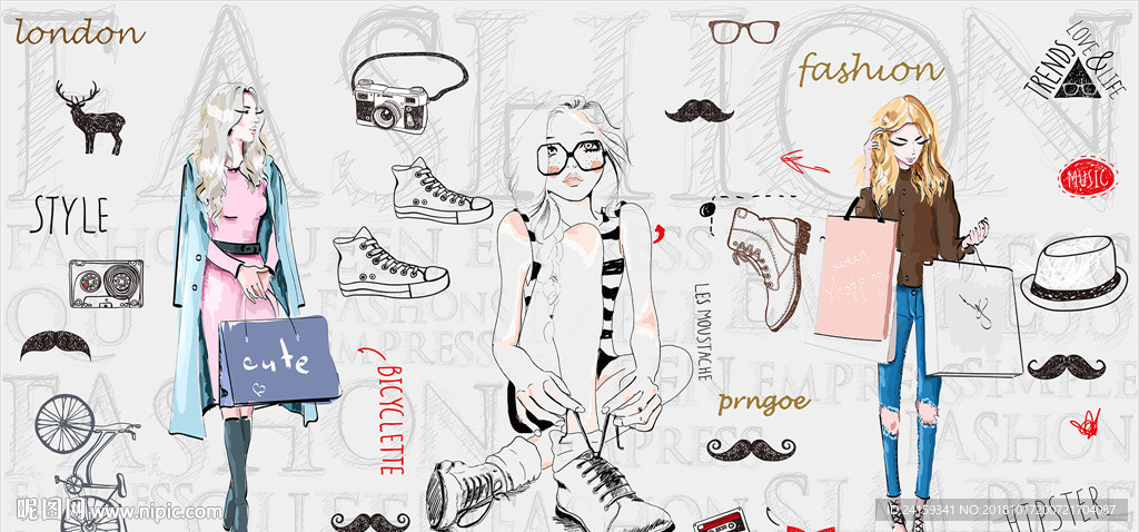 欧美时尚手绘美女服装店背景墙