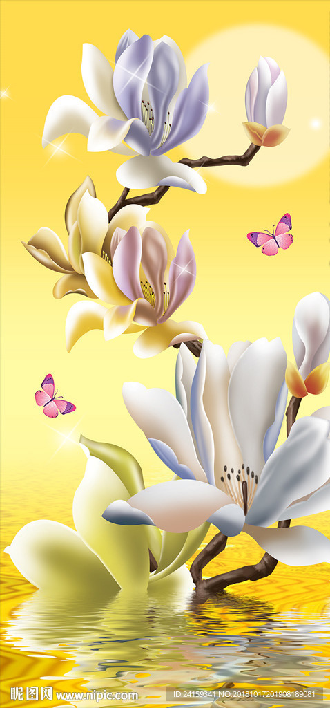 新中式彩雕玉兰月亮倒影