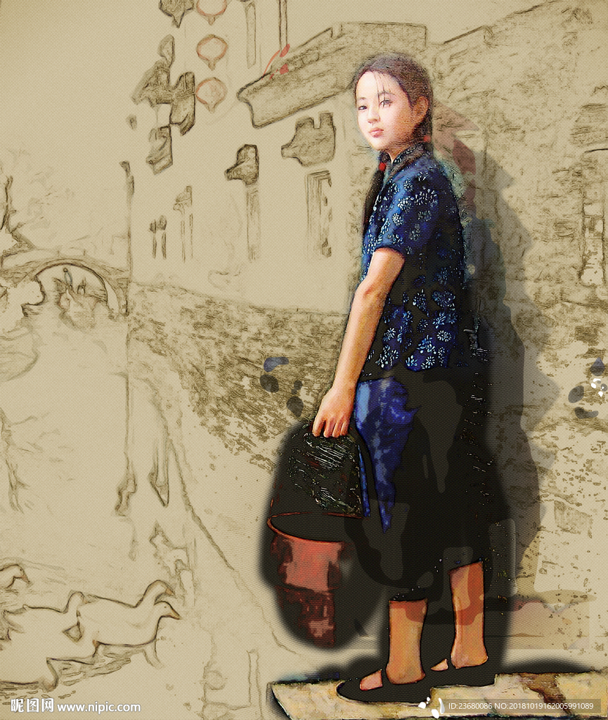 水乡油画女孩装饰画