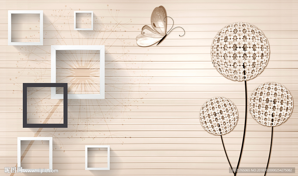 简约蒲公英蝴蝶框框电视背景墙