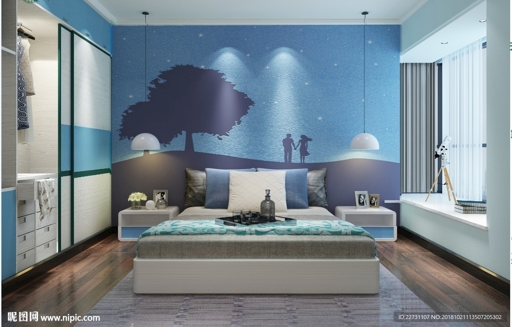 硅藻泥主卧背景情侣夜空漫步