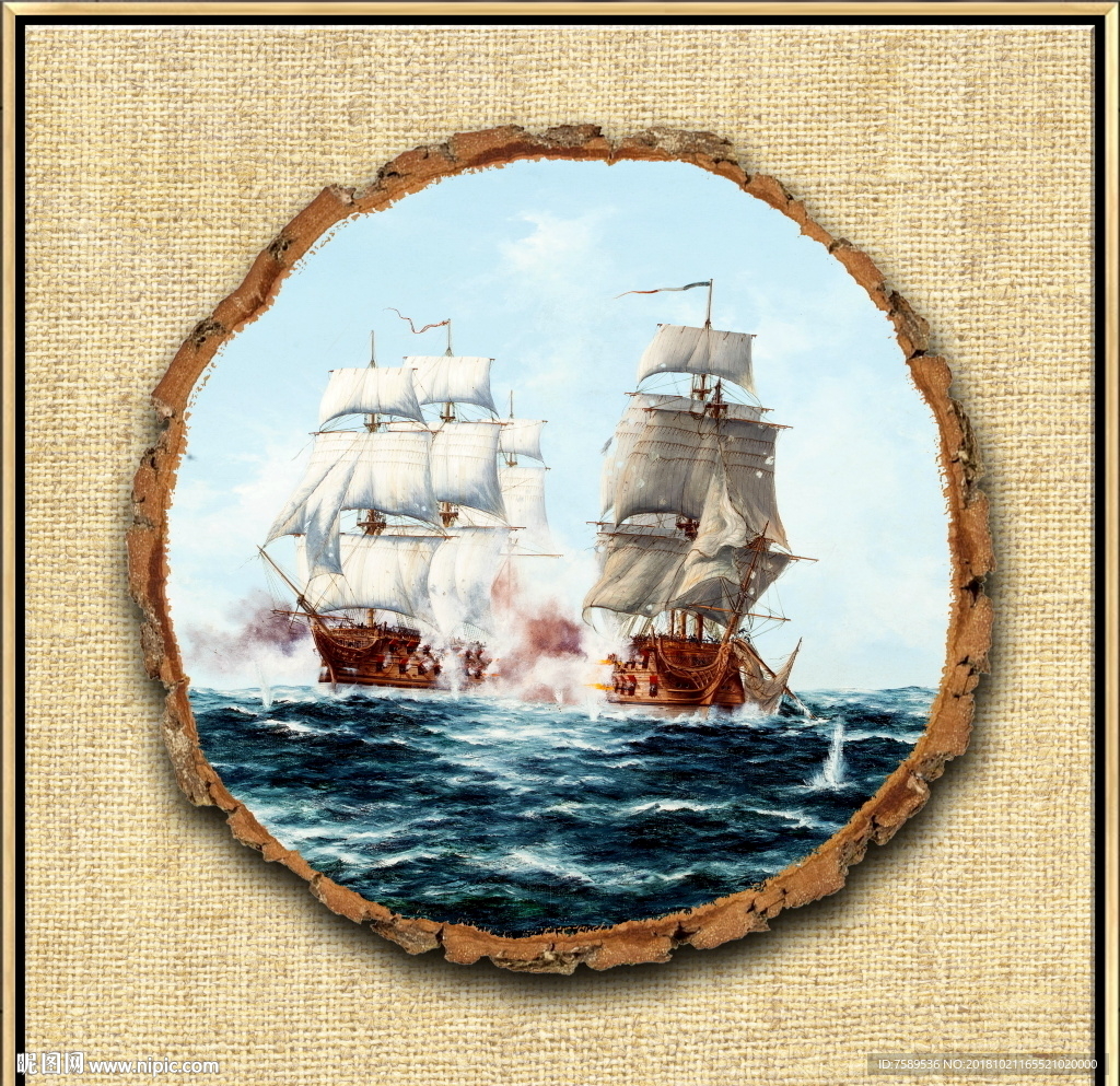 树桩帆船大海油画