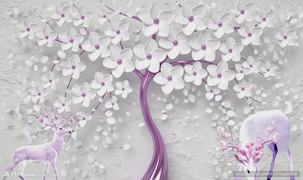 现代唯美花卉小鹿背景墙