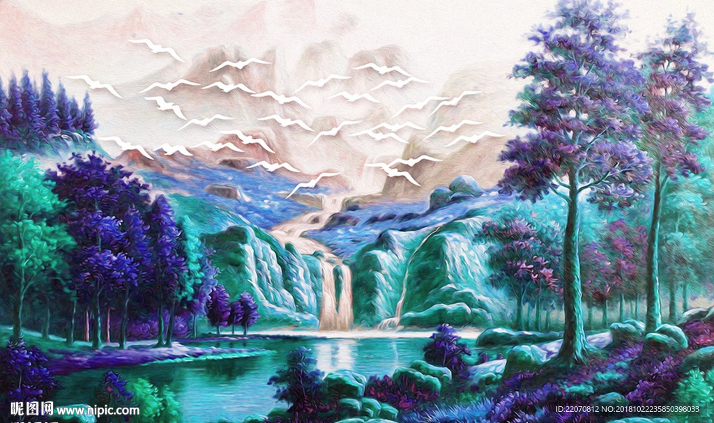现代山水风景唯美油画背景墙
