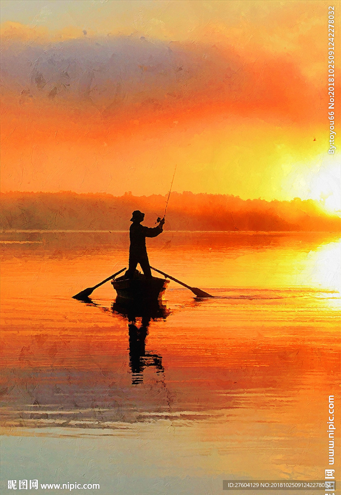 现代海上垂钓金色油画景装饰画