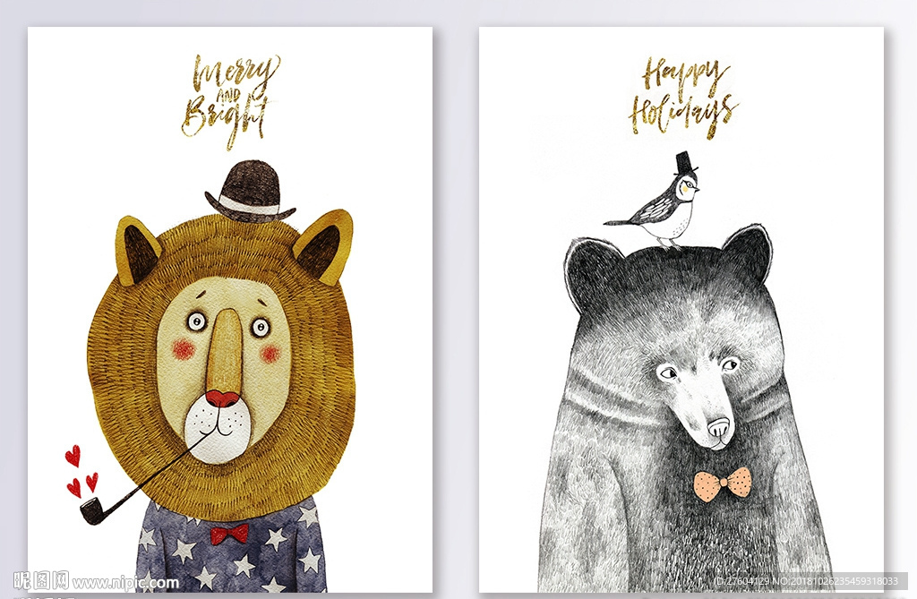 北欧动物卡通狮子熊装饰画