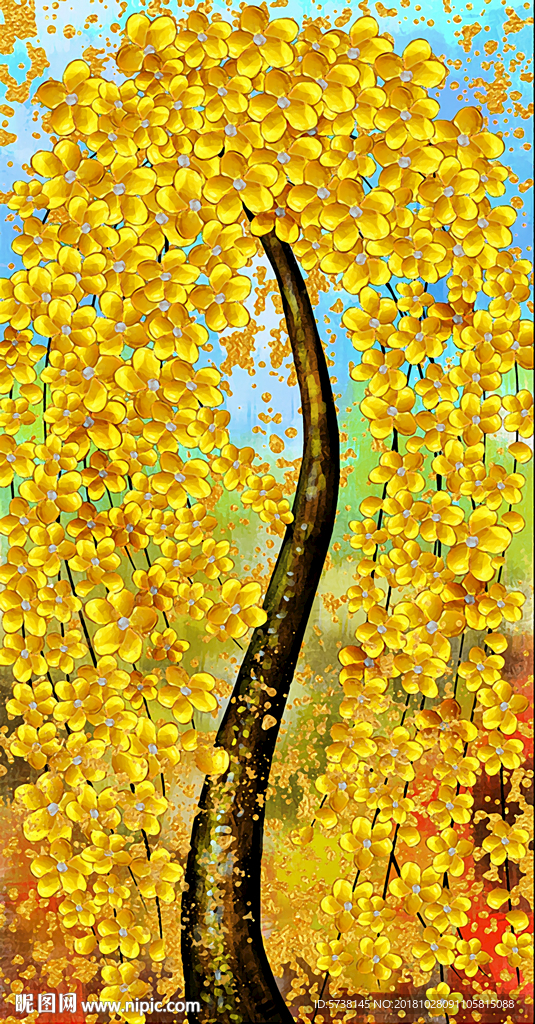 发财树油画玄关屏风背景底纹素材