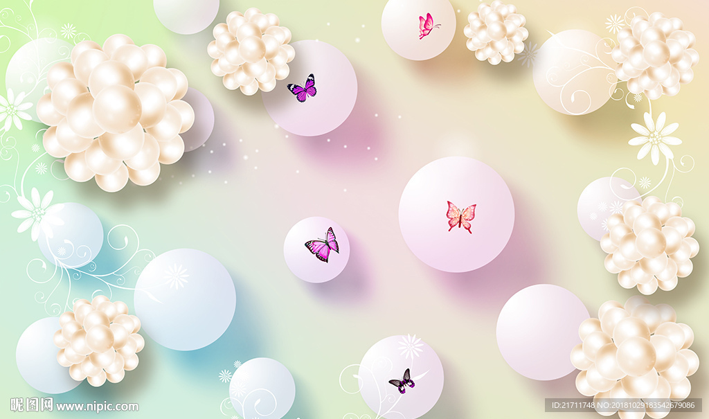 欧式珍珠花卉蝴蝶电视背景墙