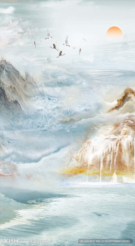 奢华大理石石纹山水旭日东升玄关