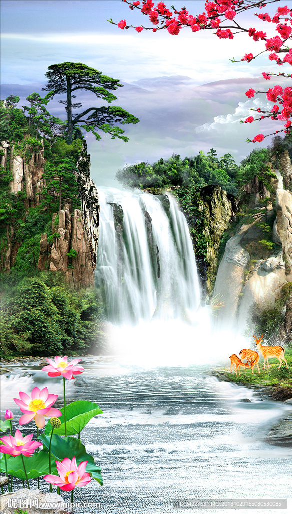 中式风景画流水生财梅花山水玄关