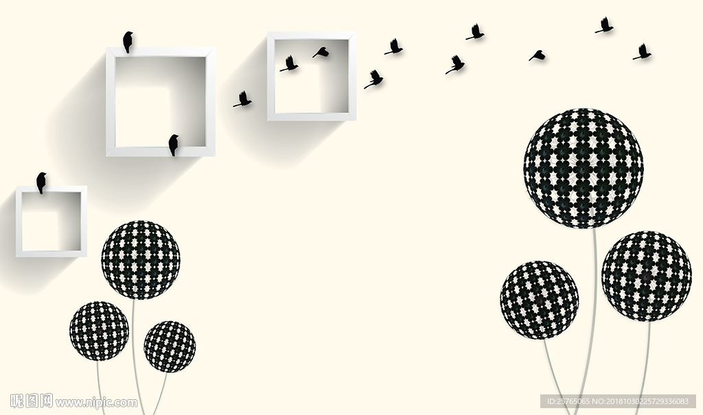 简约花卉框框小鸟电视背景墙