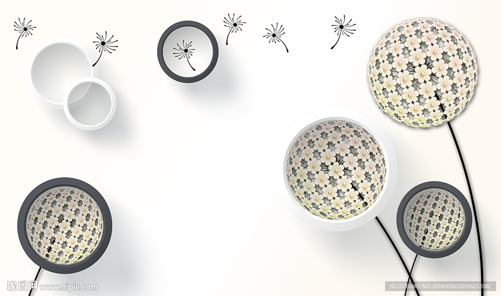 简约蒲公英黑白圈圈电视背景墙