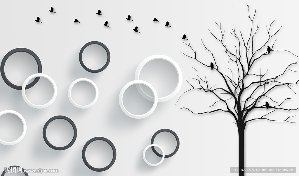 简约小树小鸟黑白圈圈电视背景墙