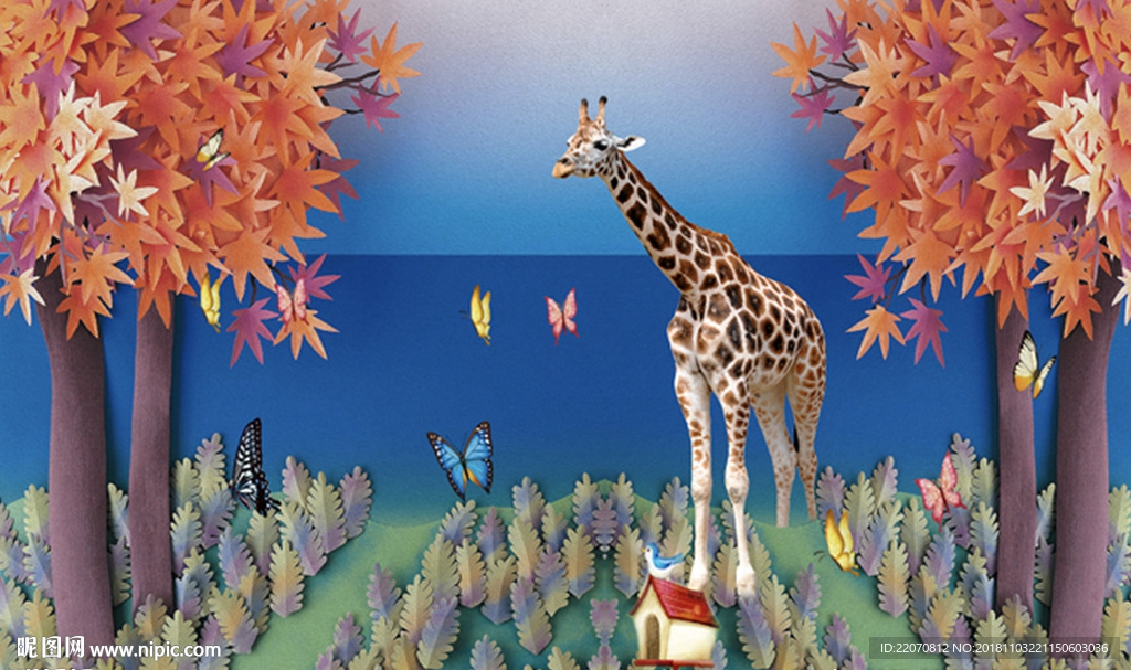 现代唯美秋风长颈鹿蝴蝶背景墙