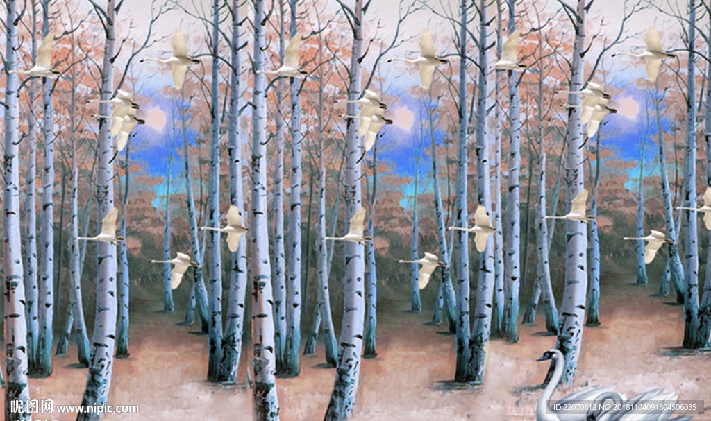 森林白桦林天鹅油画背景墙