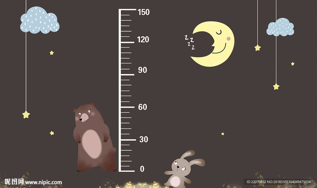 卡通熊身高尺量尺儿童房背景墙