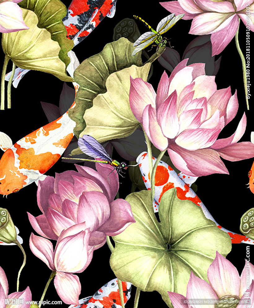 手绘水彩荷花鲤鱼服装图案素材