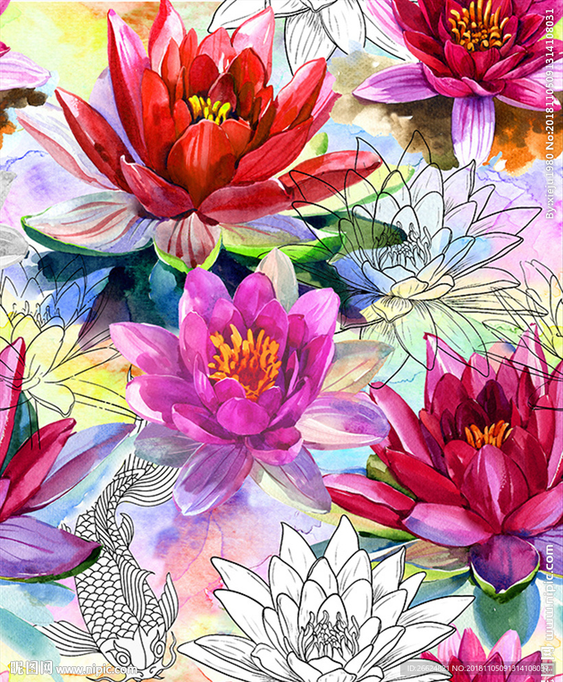 手绘水彩荷花鲤鱼服装图案素材