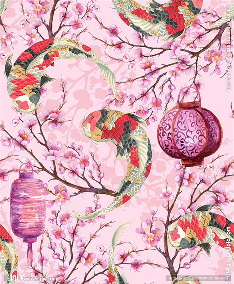 手绘梅花鲤鱼灯笼服装图案印花