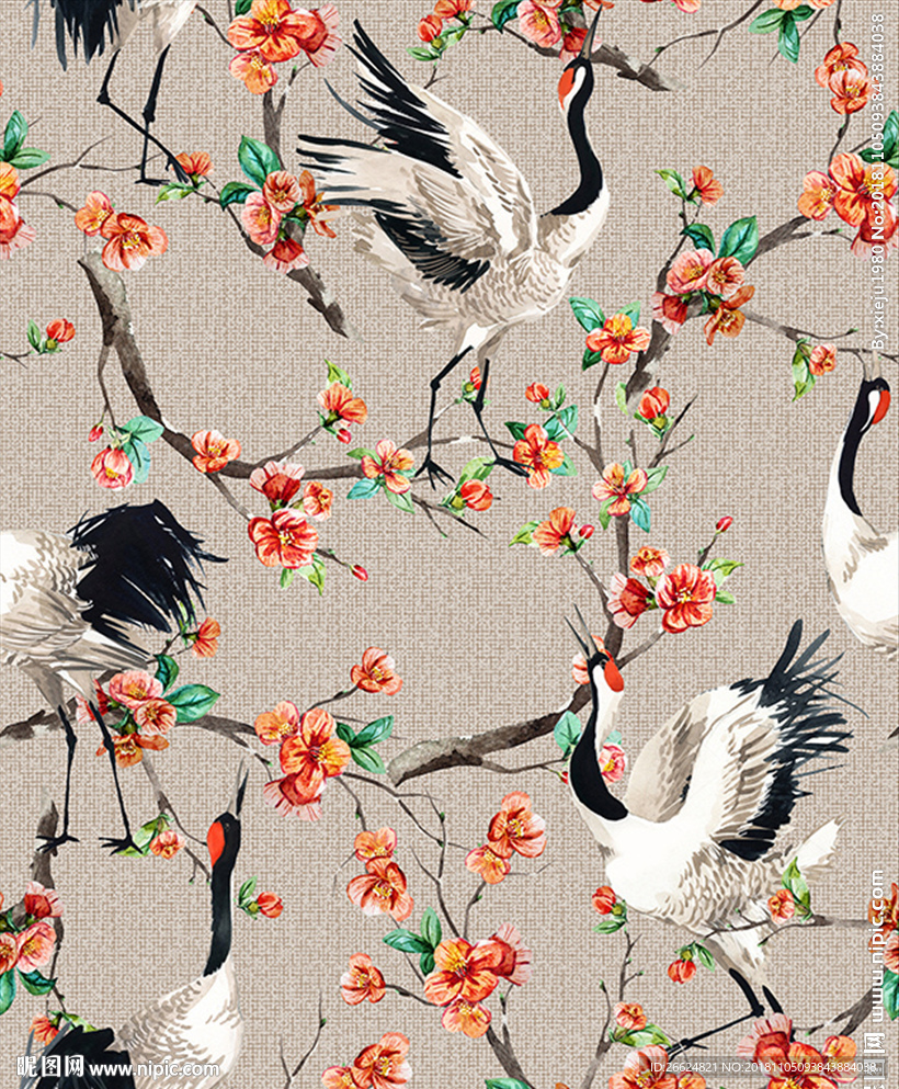手绘水彩梅花白鹤鸟服装图案