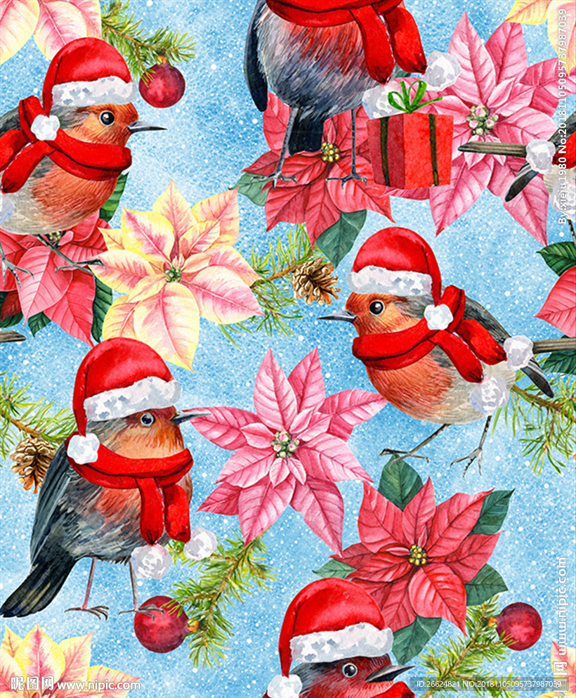 手绘圣诞花圣诞鸟雪花印花图案