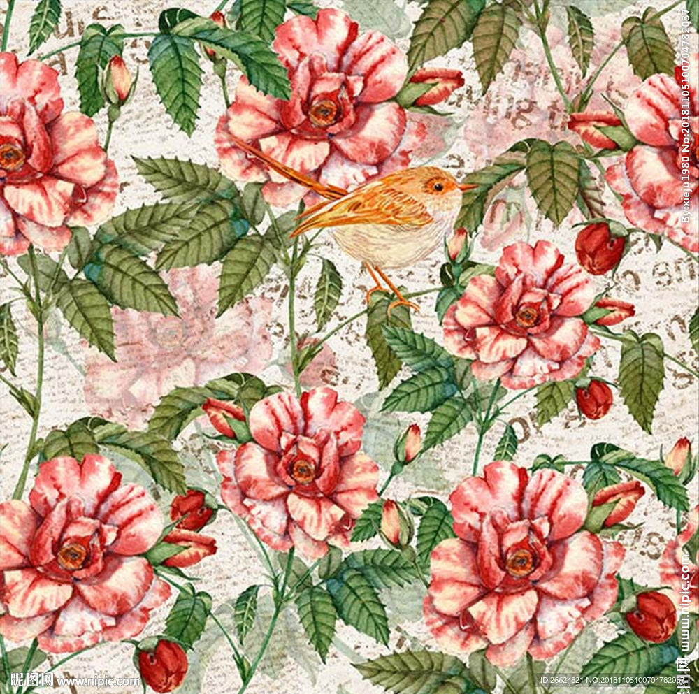 家纺手绘服装面料印花鸟面料图案