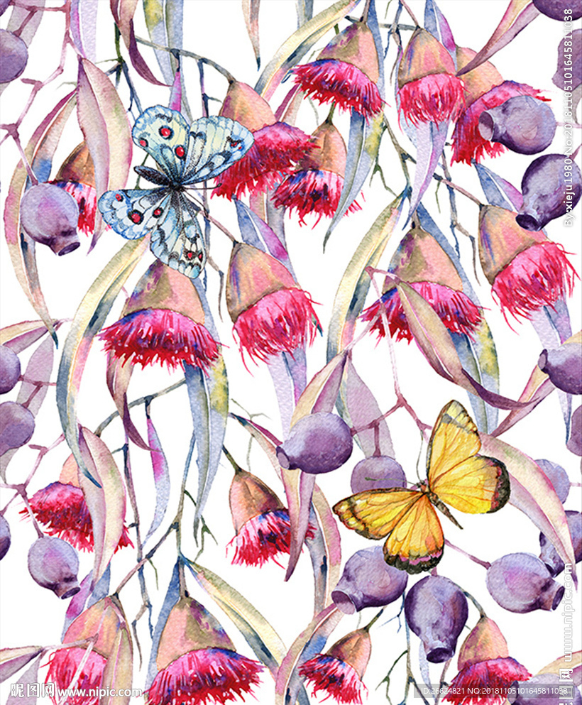 手绘水彩花卉蝴蝶服装印花图案