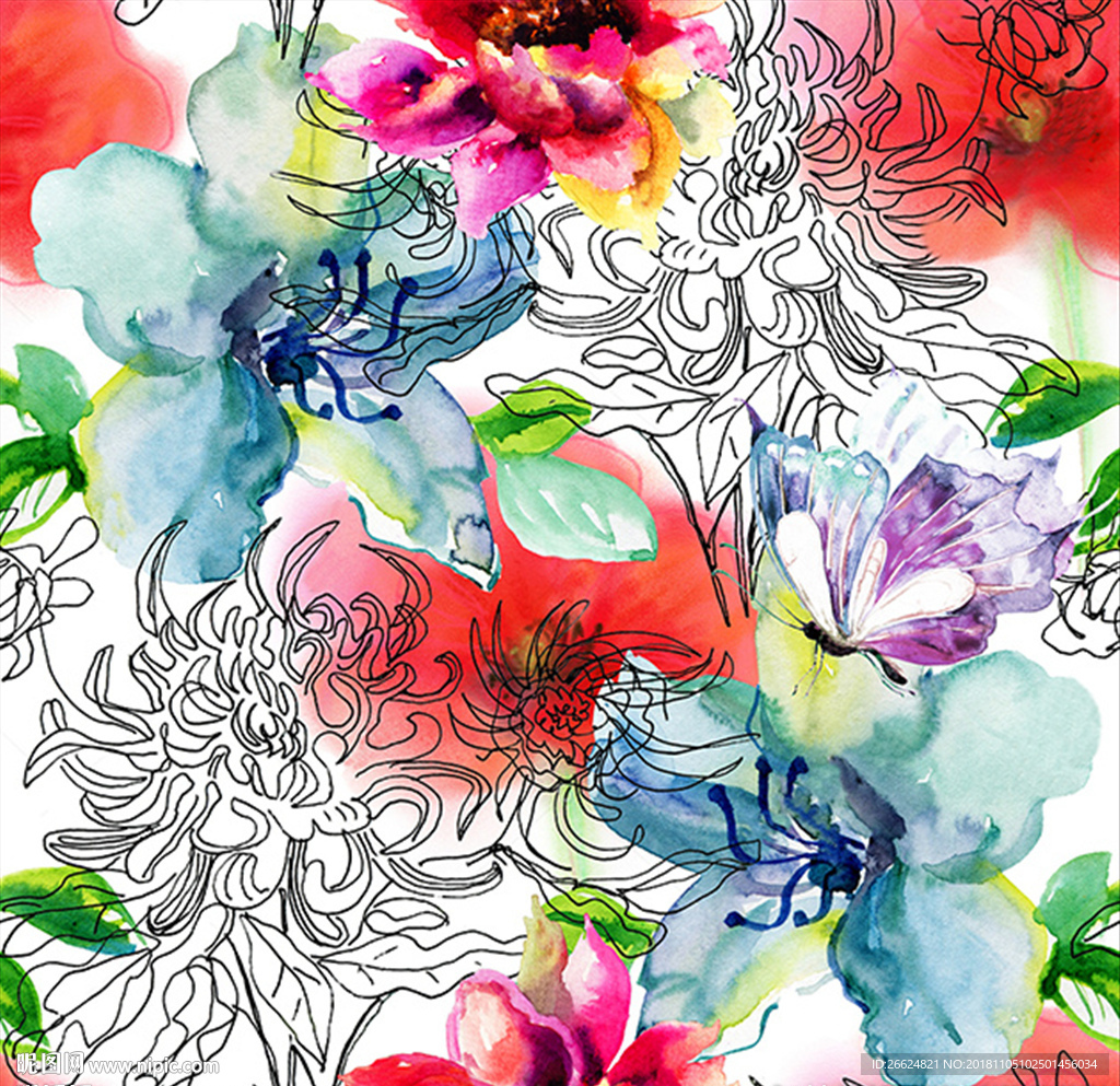 手绘水彩花卉蝴蝶服装印花图案