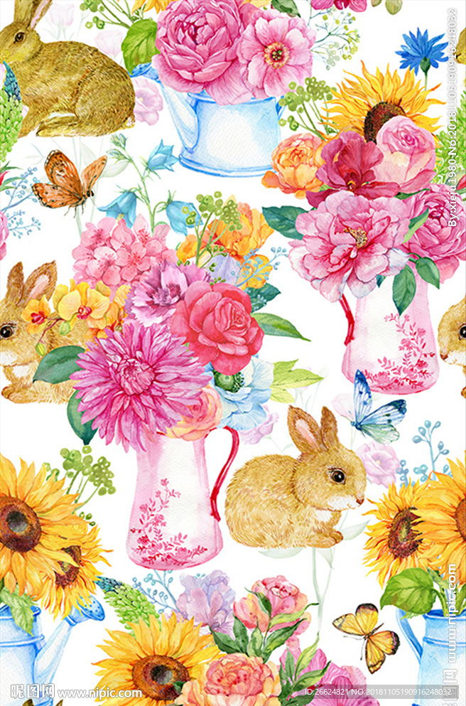 手绘水壶花卉花朵兔子蝴蝶服装图