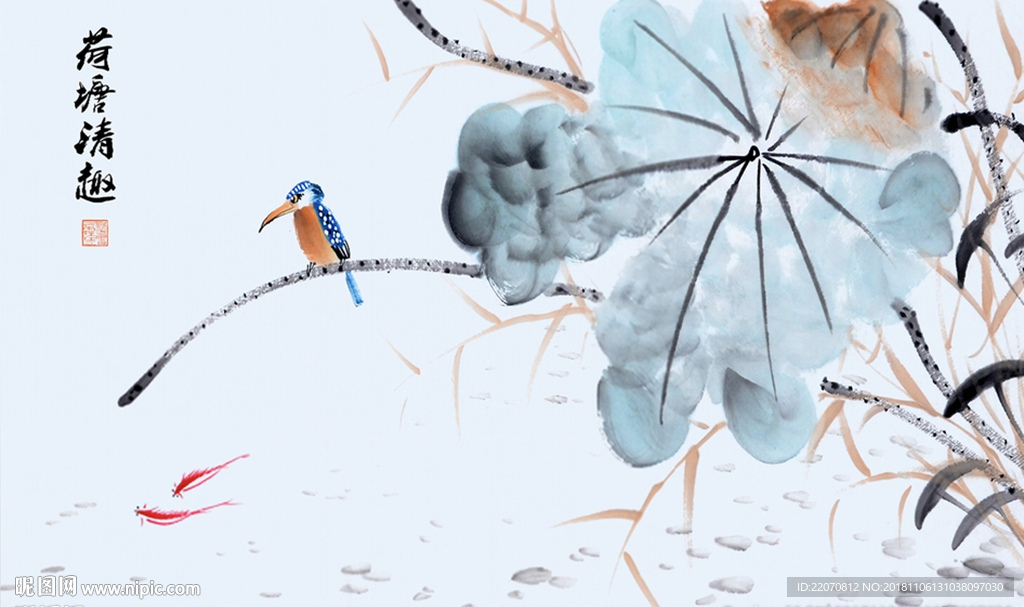 水墨手绘花鸟荷塘清趣背景墙