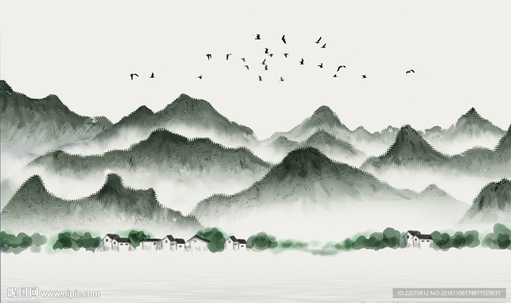 意境水墨山水情飞鸟背景墙