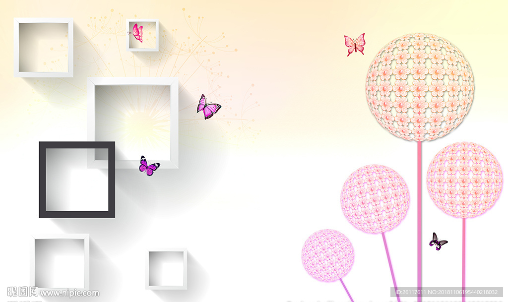 梦幻花卉蝴蝶简约框框电视背景墙