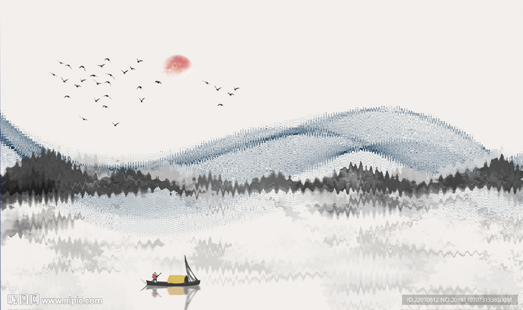 飞鸟意境水墨山水情背景墙
