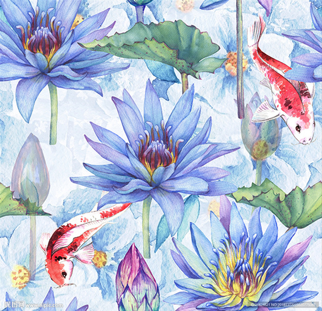 手绘水彩花卉荷花鲤鱼服装印花